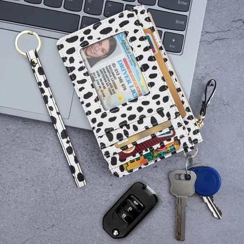 Miniatura 7 de Aiyo Nice Funda delgada para mujer tarjetero RFID con cremallera monedero pequeño de cuero con llavero Moderno
