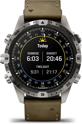 Miniatura 9 de Garmin MARQ Adventurer (Gen 2) Reloj inteligente, funda de titanio, lente de zafiro, pantalla AMOLED, navegación al aire libre, correa de cuero/FKM