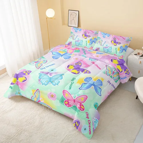 Miniatura 34 de QOOMO Juego de edredón de 3 piezas con diseño de mariposa de dibujos animados, tamaño individual, bonito juego de ropa de cama con lazo