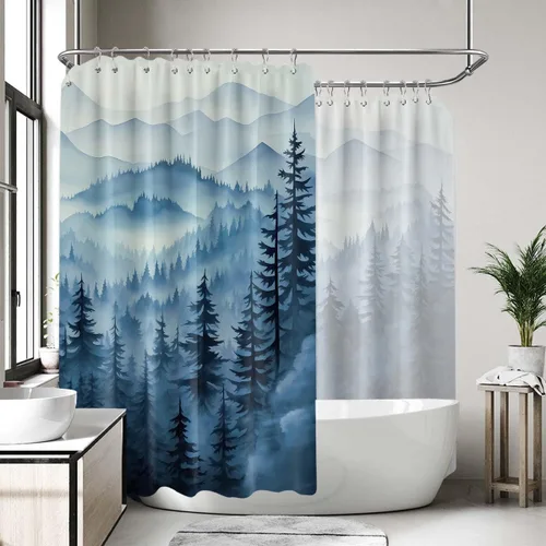 Miniatura 15 de Cortina de ducha azul marino de bosque Cortina de ducha azul oscuro de montaña y naturaleza para decoración de baño de hombres, tela impermeable