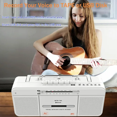 Miniatura 6 de Reproductor de cassette Boombox, radio AM/FM portátil estéreo con Bluetooth, USB, altavoz grande doble, conector para auriculares, grabación a