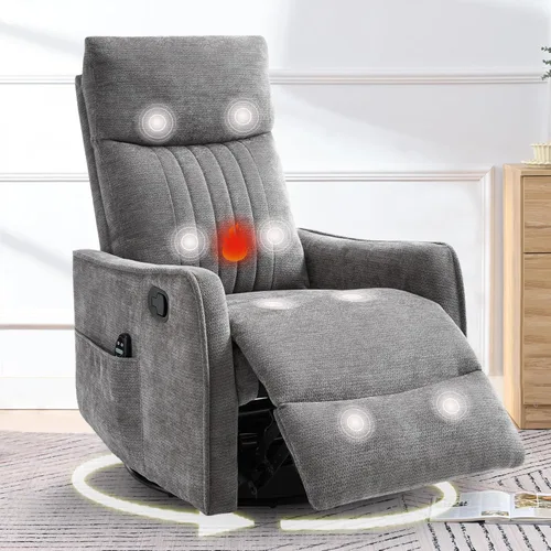 Miniatura 11 de cinkehome Silla Reclinable Mecedora Giratoria con Masaje y Calefacción para Guardería - Silla Reclinable de Espacio Pequeño con Soporte Lumbar, Giro