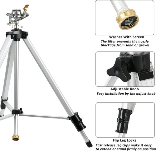 Miniatura 4 de STYDDI Rociador de impacto resistente en base de trípode, rociador telescópico de metal extra alto para áreas grandes, patio, césped, jardín, aguas