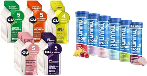 GU Energy Original Sports Nutrition - Gel energético, 24 unidades, sabores frutales surtidos y tabletas de electrolitos Nuun Sport para hidratación