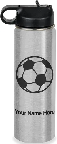 Miniatura 49 de LaserGram Botella de agua personalizada, pelota de fútbol, acero inoxidable de doble pared aislada al vacío con popote superior, regalo grabado