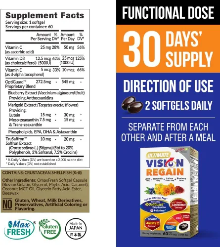 Miniatura 2 de LABO Nutrition Ultimate VisionREGAIN Suplemento de salud ocular liposomal con luteína, zeaxantina y azafrán (paquete de 3, 180 cápsulas blandas)