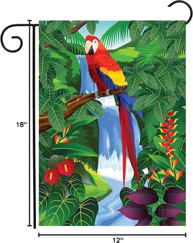 Miniatura 6 de Bandera de jardín con diseño de pájaros, loro y guacamayo, flores en verano, primavera, bosque tropical, jardín, patio, 12 x 18 pulgadas, banderas