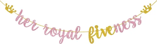 Cartel colgante con texto en inglés "Her Royal Fivenness", "Happy 5th Birthday", suministros de decoración de fiesta de cumpleaños de 5 años