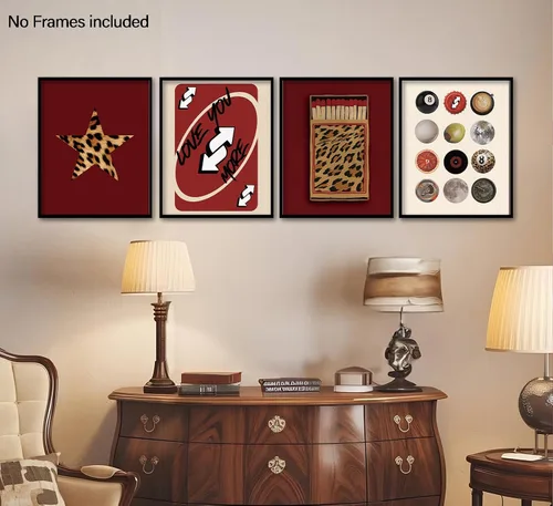 Miniatura 4 de KDHTY Juego de 4 Impresiones Artísticas de Pared Retro Rojas de Moda, Pósters de Arte de Pared Funky Retro Y2K Leopardo Caja de Cerillas Estrella
