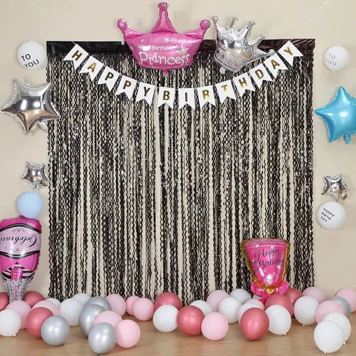 Miniatura 6 de Paquete de 3 Decoraciones de Año Nuevo Cortinas Onduladas de Flecos de Oropel Metálico Negro Telón de Fondo para Fiestas 3.3 x 6.6 pies Telón