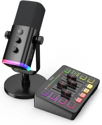 FIFINE Paquete de Mezclador de Audio para Juegos con Micrófono para Transmisión por Computadora, Set de Mezclador RGB de 4 Canales con Interfaz XLR,