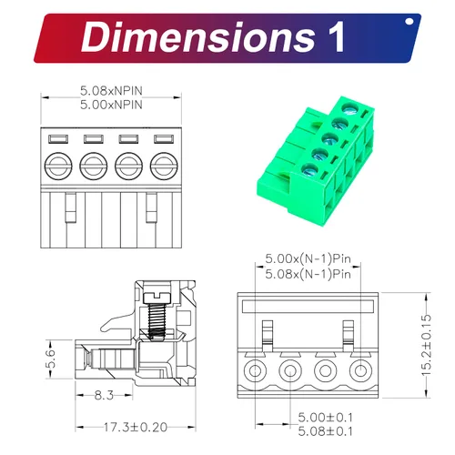 Miniatura 2 de Tcenofoxy - Conector Phoenix macho y hembra de 0.200 in 2/3/4/5/6/7/8/9/10/11/12/13/14/15/16/18/20/24 pines Phoenix Connector sin soldadura verde