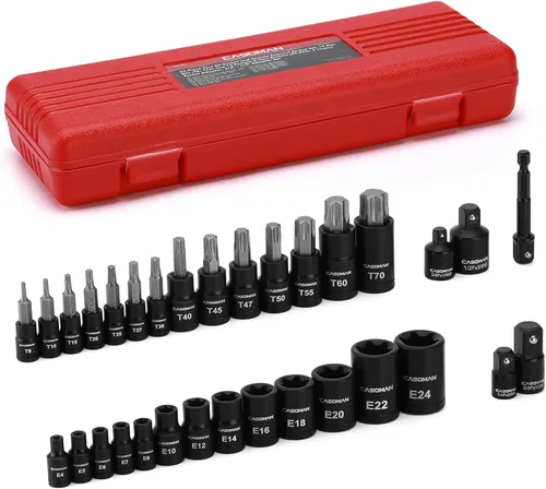 Miniatura 8 de CASOMAN Juego de 25 piezas de dados Torx y enchufes externos, 13 puntas de enchufe estrella (T8- T60) y 12 enchufes E-Torx hembra (E4-E22)
