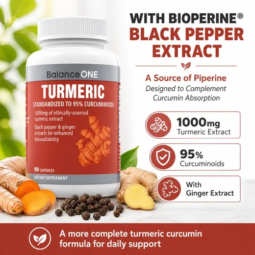 Miniatura 4 de Balance ONE Extracto de cúrcuma de 1000 mg - Suplemento de curcumina de cúrcuma con 95% de curcuminoides, piperina de pimienta negra y jengibre