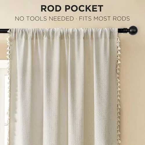 Miniatura 2 de Joydeco Cortinas Bohemias Beige de 63 Pulgadas de Largo 2 Paneles, Cortinas de Granja Bohemias Súper Suaves con Borlas, Cortinas Semitransparentes