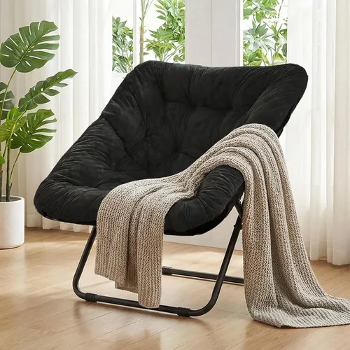 Miniatura 15 de Grezone Silla plegable con platillo, silla de luna perezosa de gran tamaño con marco de metal, cómodas sillas de dormitorio para dormitorio, sala