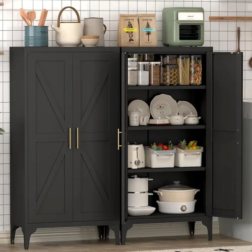 Miniatura 12 de Armario de almacenamiento de metal de 47 pulgadas de alto, gabinetes de almacenamiento de cocina con puertas y estantes, armario de metal blanco