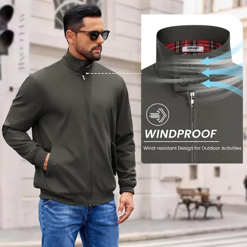 Miniatura 7 de COOFANDY - Chaquetas ligeras para hombre, chaqueta casual de estilo cortavientos con cremallera, cuello parado, chaqueta de golf elegante