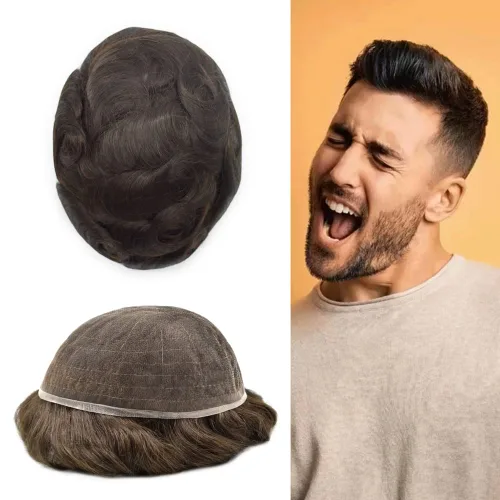 Miniatura 25 de Extensiones de cabello suizo completo para hombre, sistema de reemplazo de cabello humano europeo para hombres