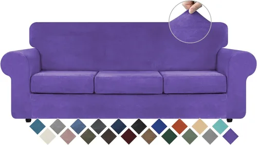 Miniatura 17 de WEERRW 4 Piezas Fundas de Terciopelo de Alta Elasticidad para Sofá de 3 Cojines Fundas de Sofá, Protector de Muebles Lavable con Parte Inferior