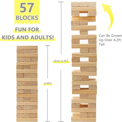 Miniatura 3 de GOROCK Juego de torre gigante de volteo, juego de apilamiento de bloques de madera de 57 piezas (más de 4.2 pies), juegos clásicos familiares