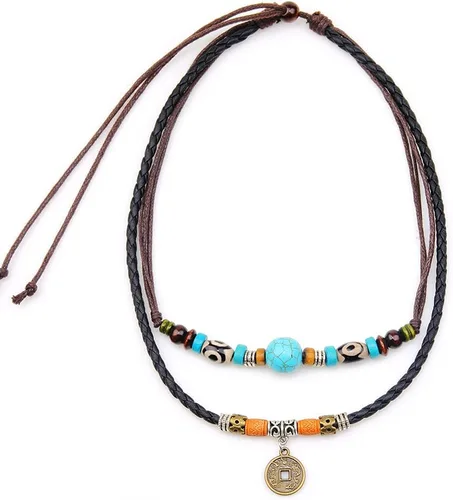 Beulous Collar de cuero con cuentas de doble capa estilo tribal vintage para hombre y mujer, con colgante para surfista de verano y playa, Cuero, No