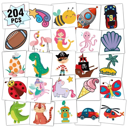 Partywind Tatuajes temporales para niños, 204 calcomanías de tatuaje falsas para niños, suministros de fiesta, decoraciones sorpresas de cumpleaños
