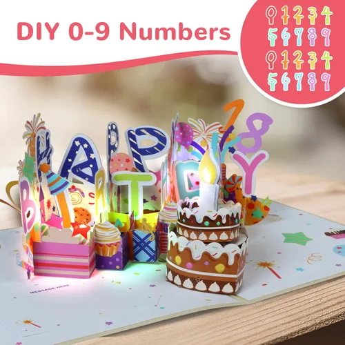 Miniatura 3 de Tarjeta de Cumpleaños Musical 3D, Vela de Luz LED Soplable, Tarjetas de 3D de Cumpleaños Emergentes con Números DIY 0-9, Vela de Luz LED Soplable