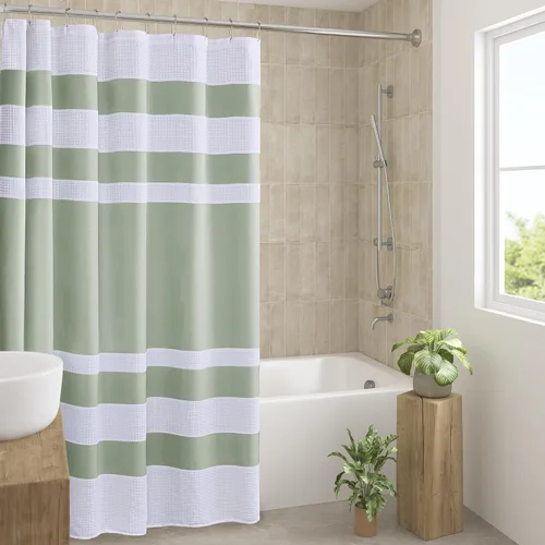Miniatura 46 de Madison Park Cortina de ducha de tejido waffle con diseño a rayas en piezas, cortina de ducha de tela para baño con gestión de humedad 3M Rayas Taupe