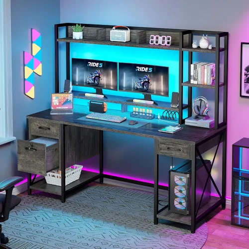 Miniatura 3 de DWVO Escritorio para computadora con cajones y gabinete, escritorio de oficina de 59.1 pulgadas con tomas de corriente y luces LED, escritorio
