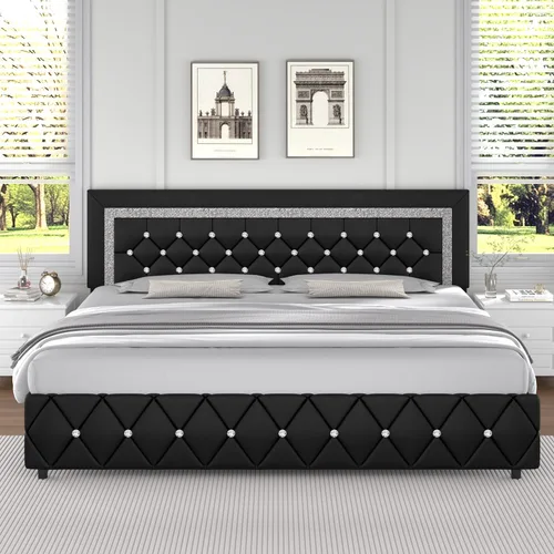 Miniatura 16 de Base de cama individual, plataforma de piel sintética con cabecera tapizada de diamante, base de colchón con fuerte soporte de listones de madera