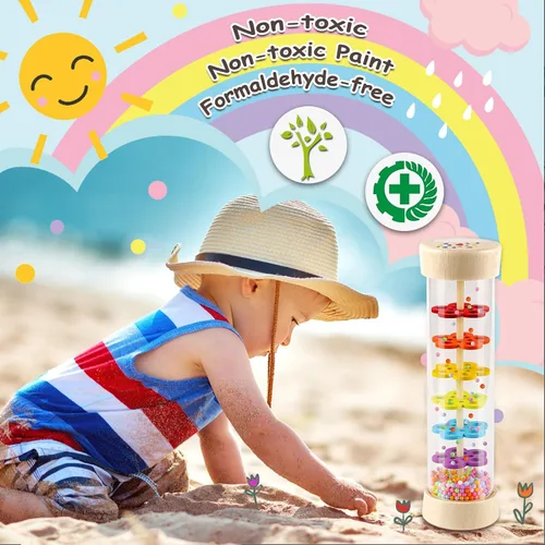 Miniatura 5 de LOOIKOOS Rainmaker - Palo de lluvia de madera de 7 pulgadas, juguetes Montessori para bebés de 6-12 meses, sonajero de bebé, juguete de desarrollo