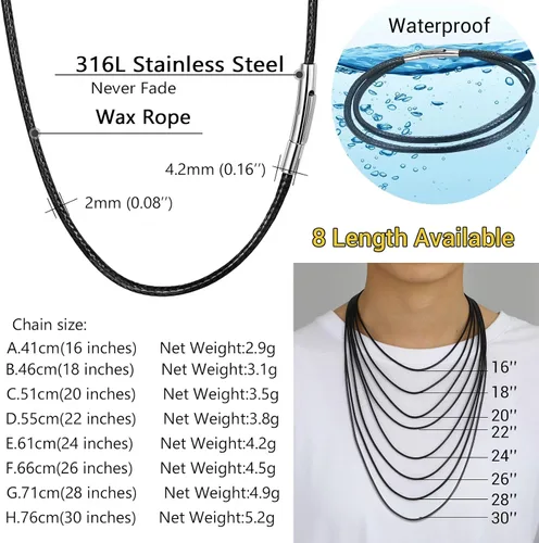 Miniatura 3 de PROSTEEL Collar de cuero impermeable para hombre, 0.079 in/0.118 in, 16 a 30 pulgadas, con cierre de acero inoxidable, cadena de bricolaje