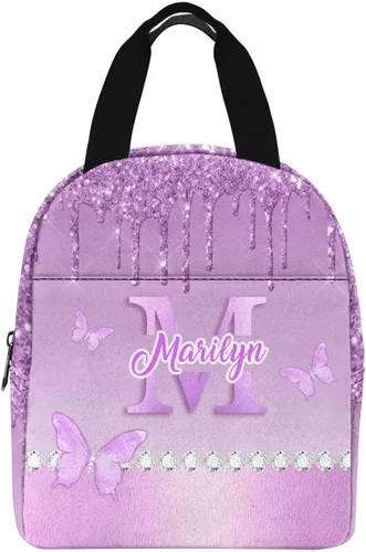 Miniatura 29 de InterestPrint Bolsa de almuerzo con nombre personalizado para hombres y mujeres, diseño de mariposa rosa y azul personalizada, caja de almuerzo