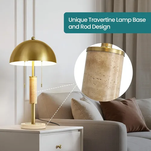Miniatura 4 de KAISITE Juego de 2 lámparas de mesa modernas de 61 cm para sala de estar, lámpara de mesita de noche de metal dorado con travertino decorativo