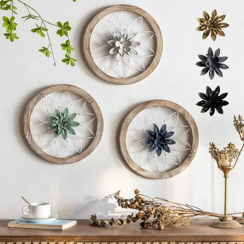 Miniatura 9 de Paquesta Decoración de Pared de Granja Redonda de 3 Piezas con 6 Flores Intercambiables de 12'' Medallón de Madera y Metal Arte de Pared Rústico