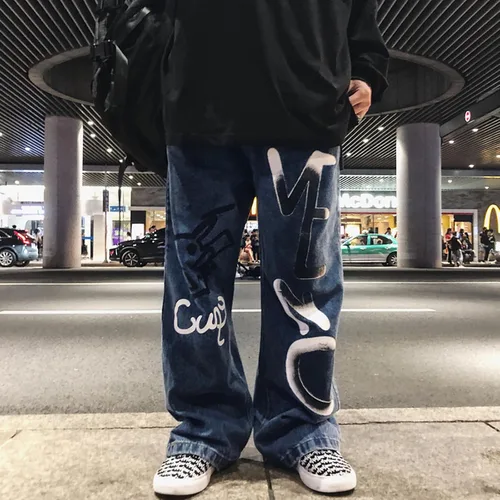 Miniatura 2 de Y2K Jeans - Pantalones de mezclilla para hombre, estilo hip hop, vintage, grafiti, dibujos animados, anime, pantalones de mezclilla góticos, rectos