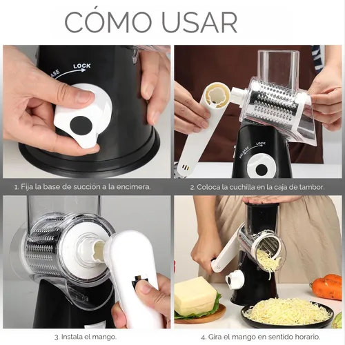 Miniatura 8 de Cambom Kitchen - Rallador de queso giratorio para queso, manual de cocina con mango, cortador de verduras, nueces, 3 cuchillas de tambor Rosa