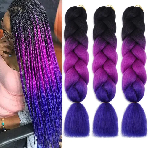 Miniatura 16 de Cabello trenzado de fibra sintética, tamaño jumbo, extensiones de cabello Kanekalon suave, color negro, (24 pulgadas, 3 piezas)