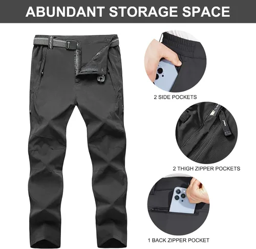 Miniatura 5 de Pantalones de senderismo para hombre con cinturón, secado rápido, ligeros, impermeables, con bolsillos con cremallera
