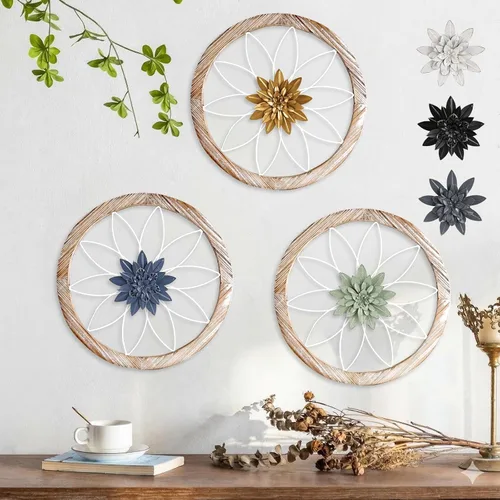 Miniatura 10 de Paquesta Decoración de Pared de Granja Redonda de 3 Piezas con 6 Flores Intercambiables de 12'' Medallón de Madera y Metal Arte de Pared Rústico