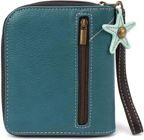 Miniatura 4 de CHALA Cartera con cremallera alrededor, pulsera, 8 ranuras para tarjetas de crédito, piel sintética resistente, Dólar de arena - Turquesa, Cartera
