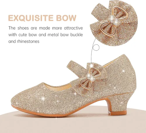 Miniatura 3 de Dufannie Zapatos de vestir para niñas, zapatos de tacón bajo de princesa, zapatos planos con purpurina para bodas y fiestas