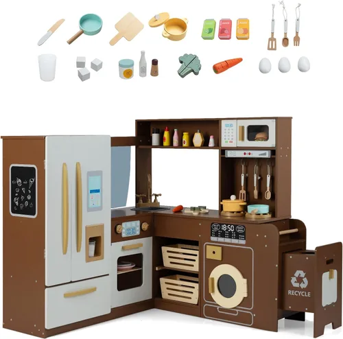 Costzon Juego de Cocina de Esquina, Set de Juguetes de Cocina con Luces y Sonidos Reales, Refrigerador Grande, Máquina de Hielo, Horno, Microondas,