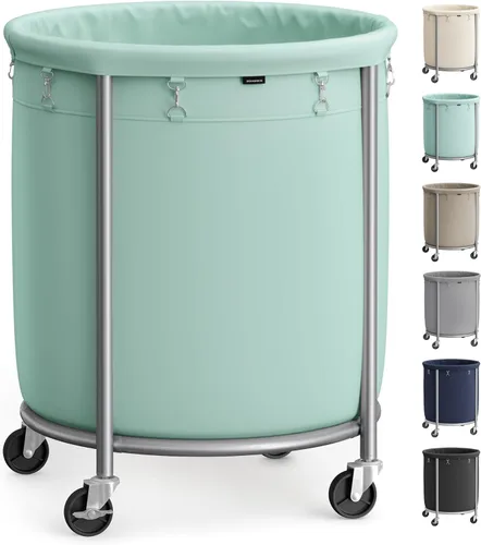 SONGMICS Cesta de lavandería de 50.2 galones (190 L) con ruedas, carrito de cesta de lavandería redonda rodante resistente con marco de acero y