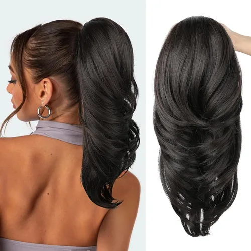 Miniatura 30 de SEIKEA Extensión de cola de caballo versátil con cordón, 26" de largo, cabello ondulado multicapa, clip para cola de caballo, extensiones de pelo