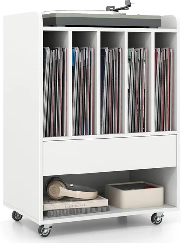 Miniatura 12 de LOKO Soporte para tocadiscos sobre ruedas, soporte giratorio con 5 compartimentos, cajón y estante abierto, estante de exhibición de vinilo