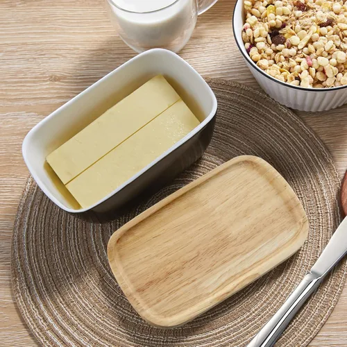 Miniatura 4 de ALELION Recipiente de mantequilla de cerámica con tapa de madera hermética, recipiente para mantequilla negra para encimera, con capacidad