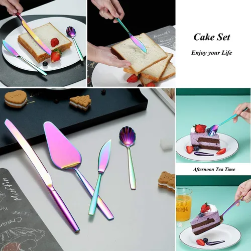 Miniatura 7 de HOMQUEN Juego de 4 cucharas de postre arcoíris de acero inoxidable de 7.5 pulgadas de diseño moderno, chapado en titanio colorido, apto
