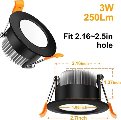 Miniatura 2 de LEDLightsWorld Iluminación empotrable LED de 2 pulgadas, regulable, downlight, 3 W (equivalente a 35 W), luz blanca cálida de 3000 K, luz LED Negro